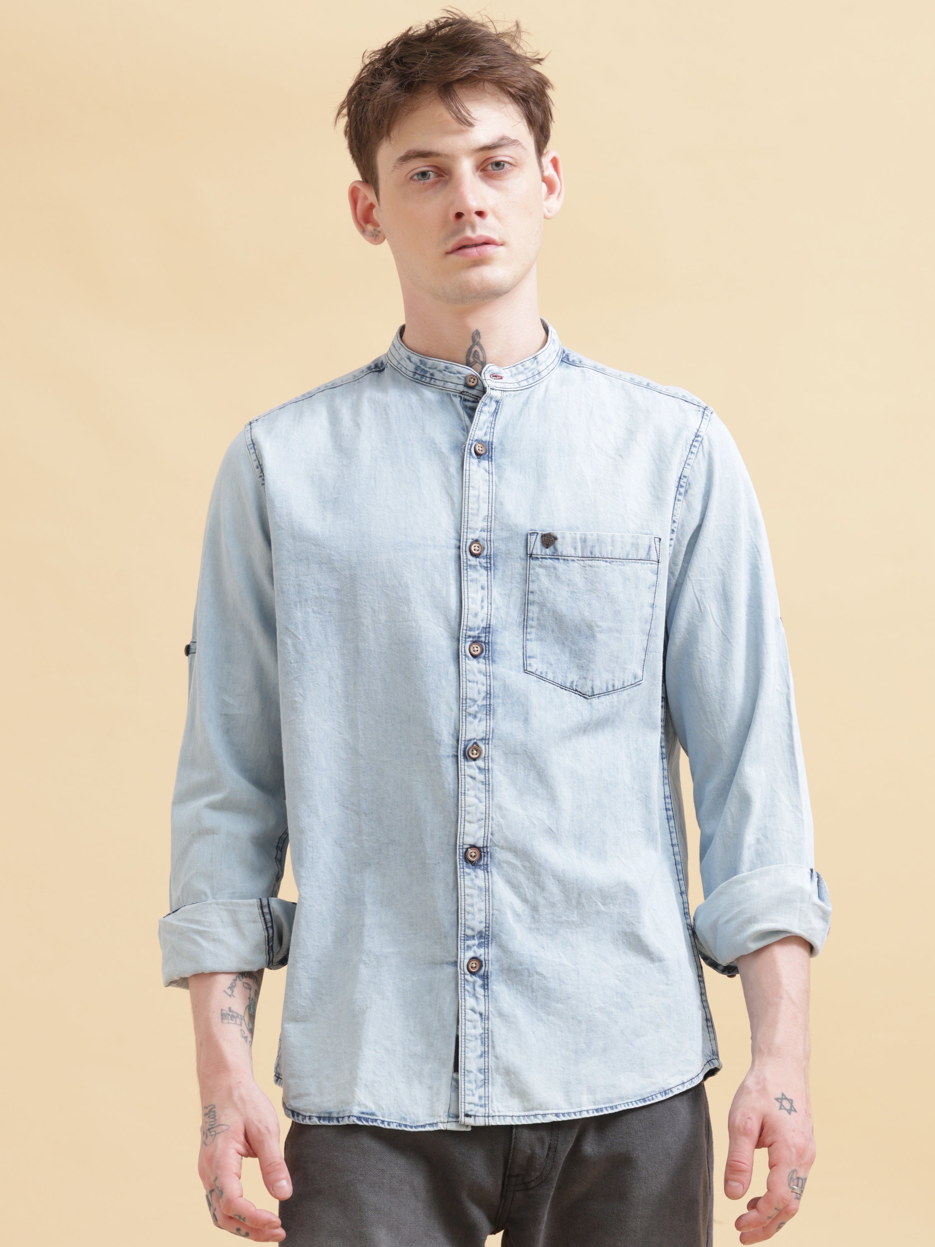 Denim Mandarin Collar Shirt - Main Image