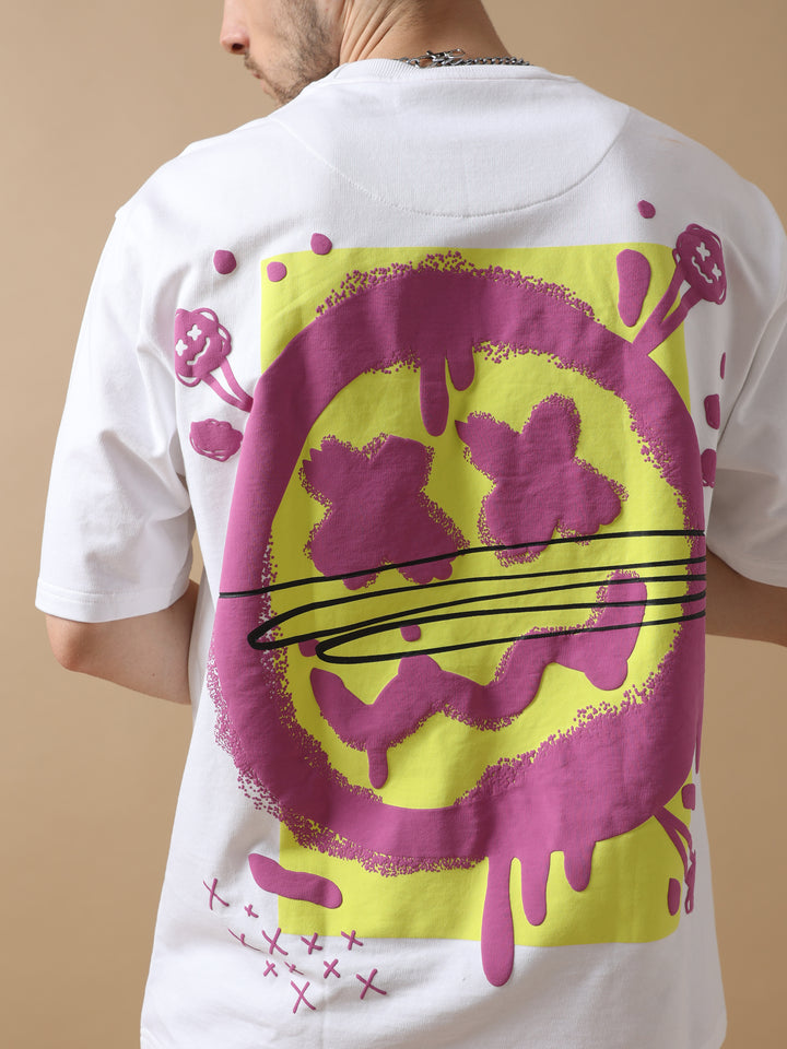 WHITE GRAFFITI SMILEY OVERSIZED T-SHIRT