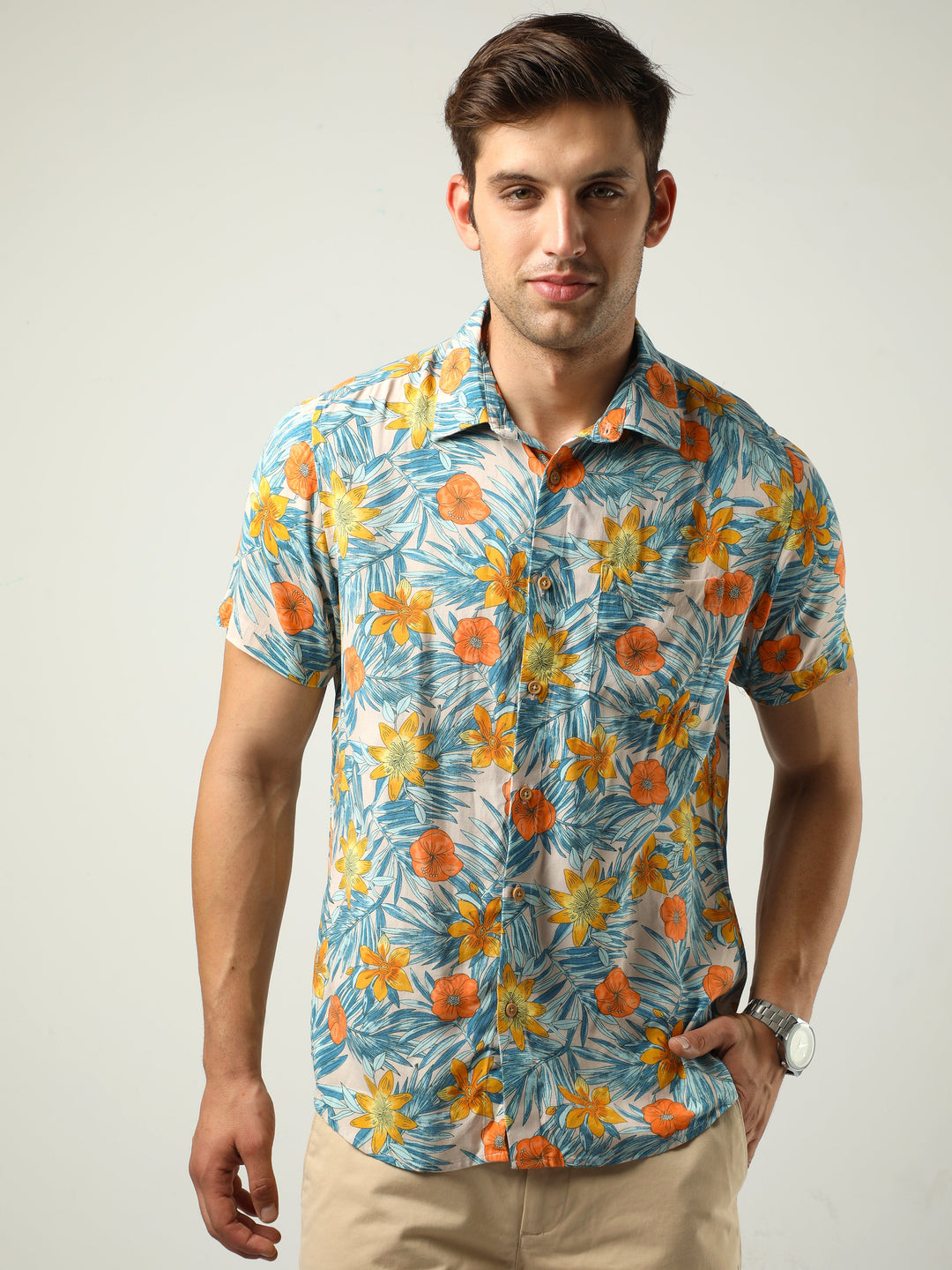 Yellow & Blue Tropical Print Shirt