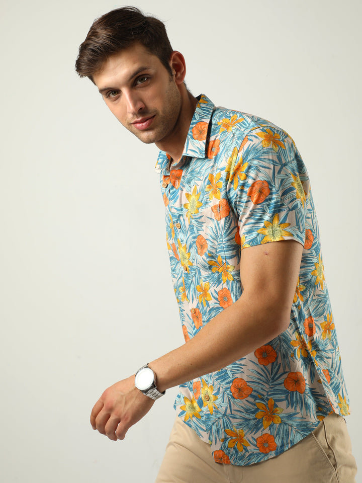 Yellow & Blue Tropical Print Shirt