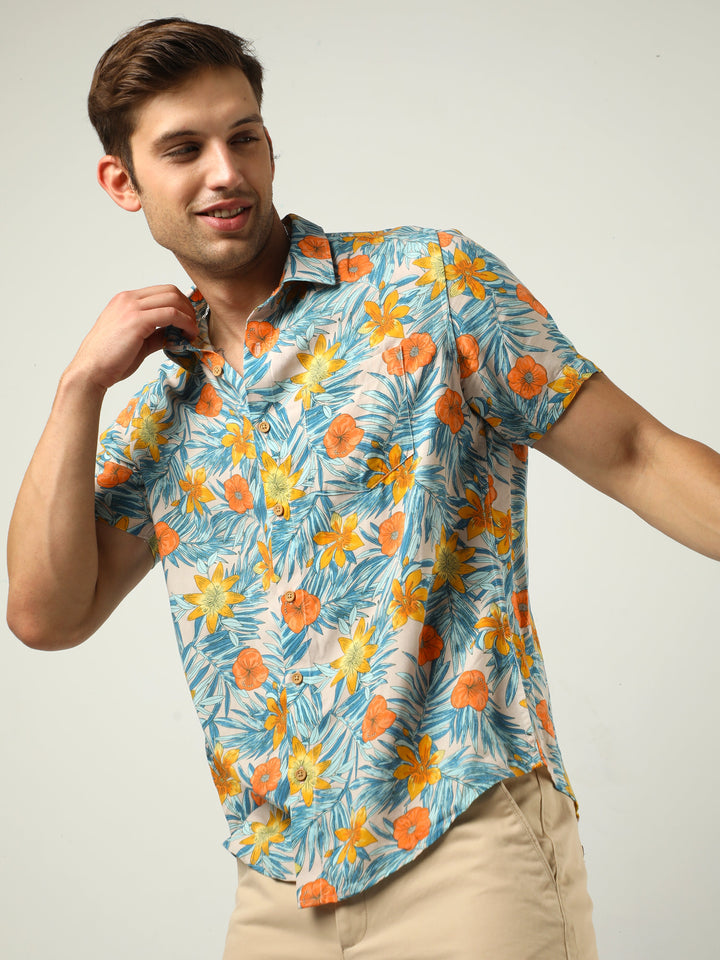 Yellow & Blue Tropical Print Shirt