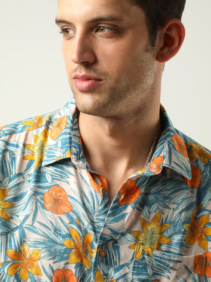Yellow & Blue Tropical Print Shirt