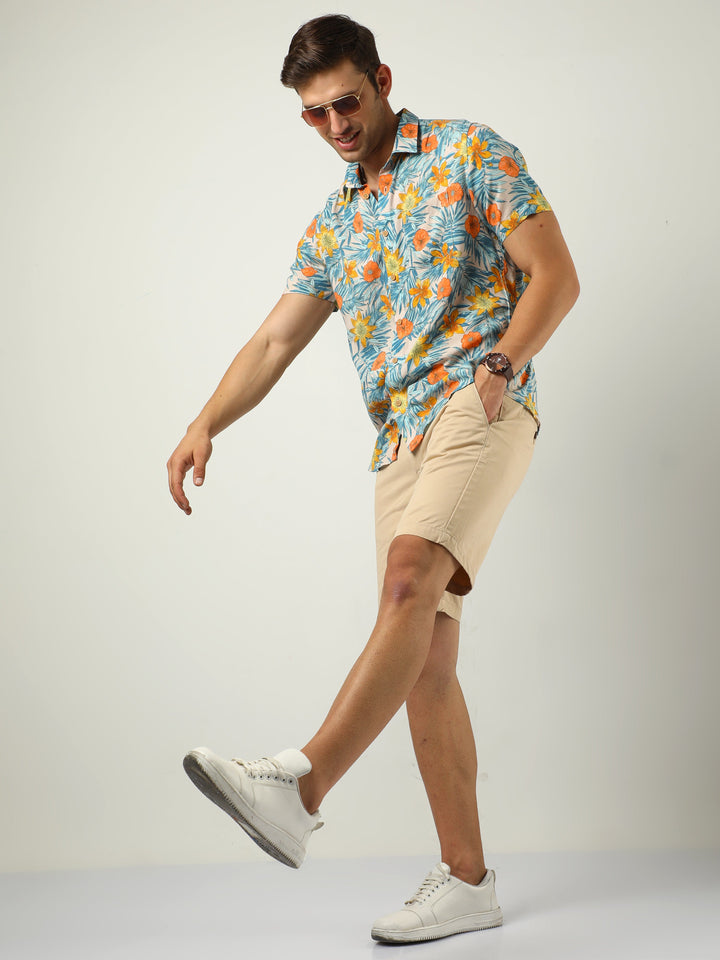 Yellow & Blue Tropical Print Shirt