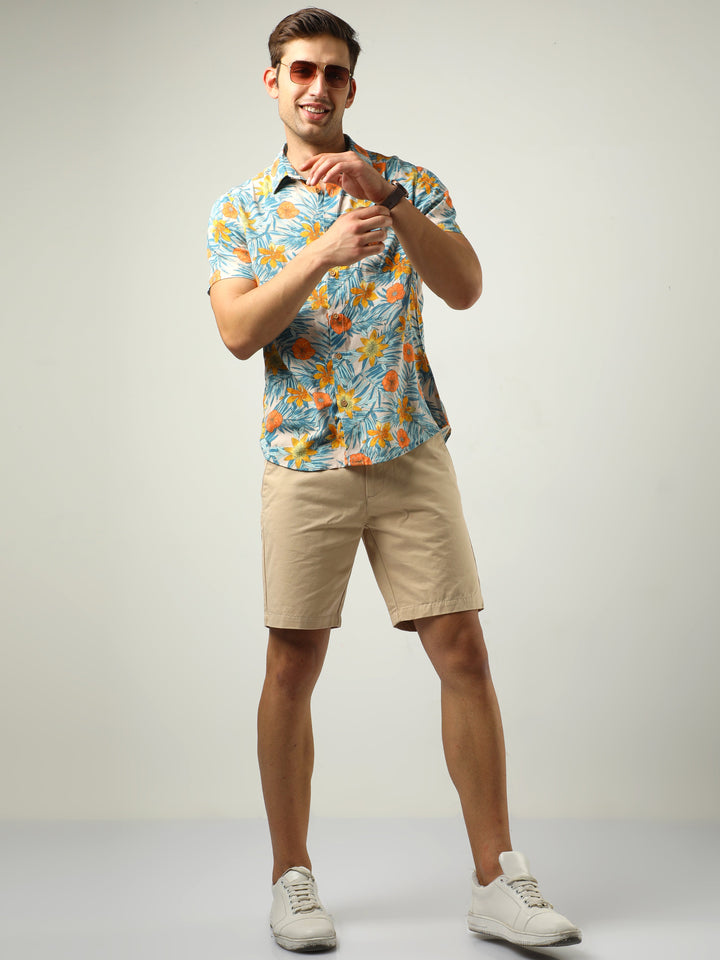 Yellow & Blue Tropical Print Shirt
