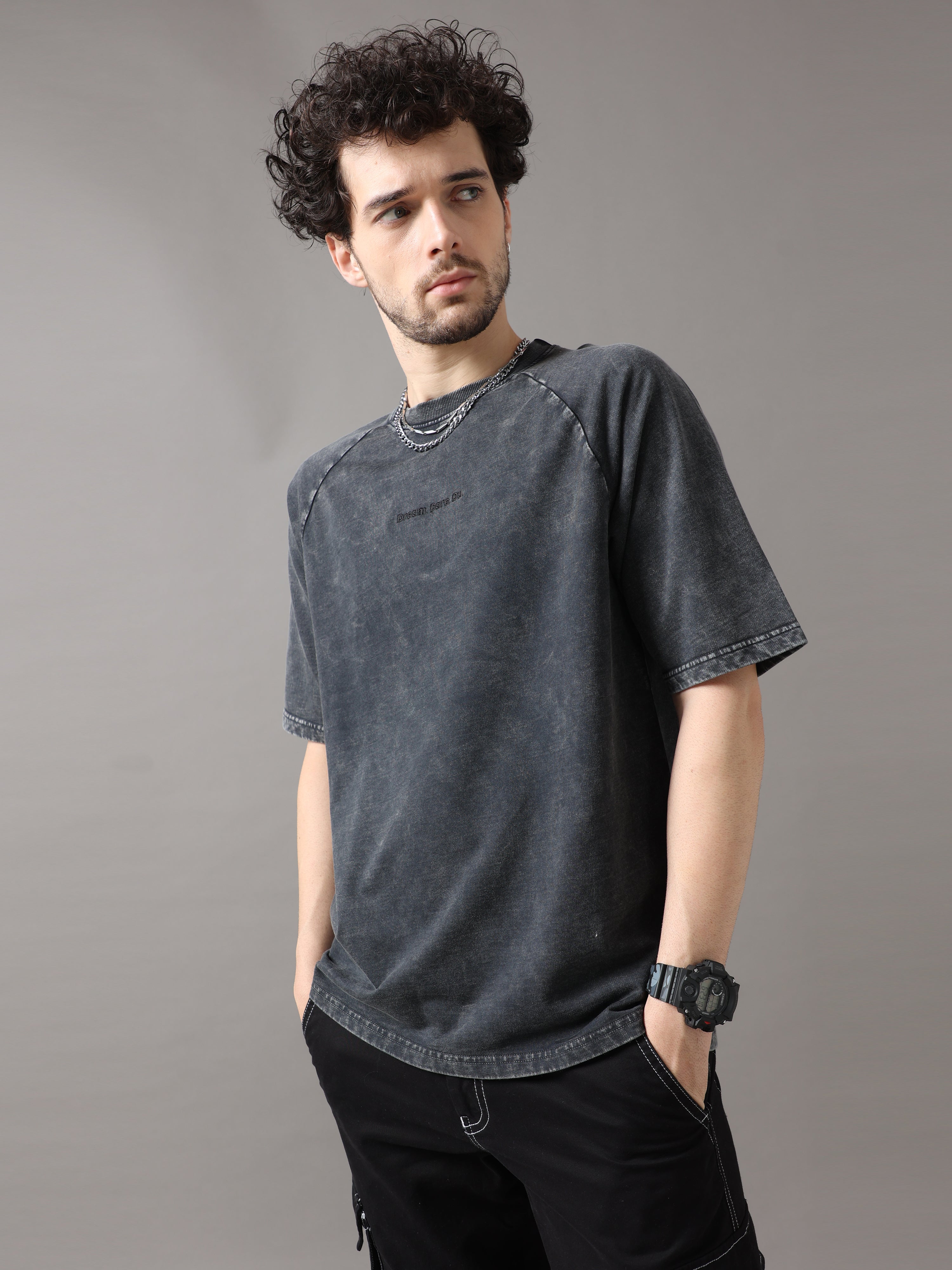 Black Acid Wash Oversized T-Shirt for Men | VUDU