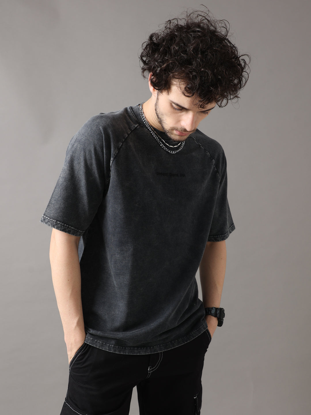 Black Acid Wash Oversized T-Shirt for Men | VUDU