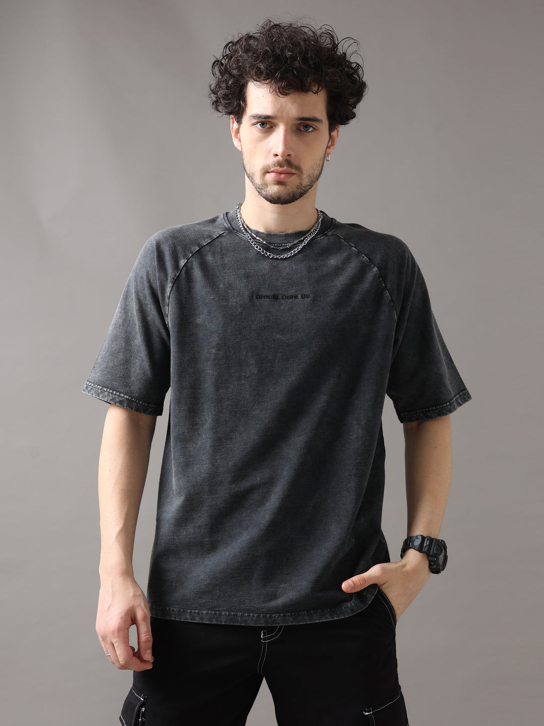 Black Acid Wash Oversized T-Shirt for Men | VUDU