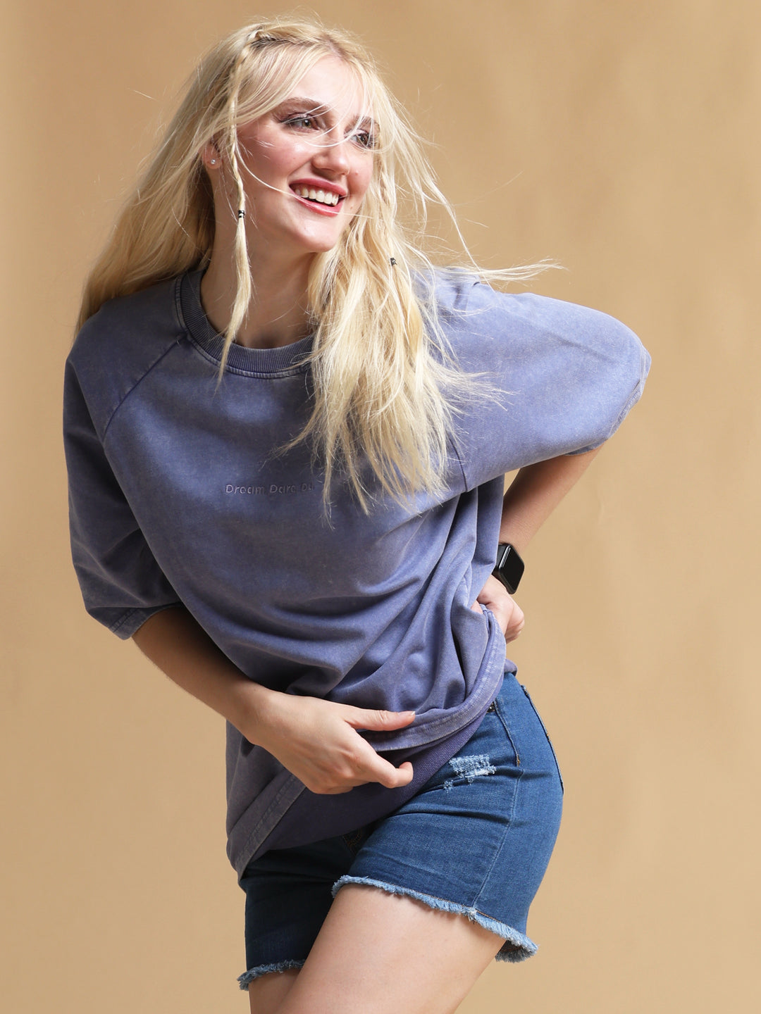 BLUE ACID WASH OVERSIZED WOMEN'S T-SHIRT