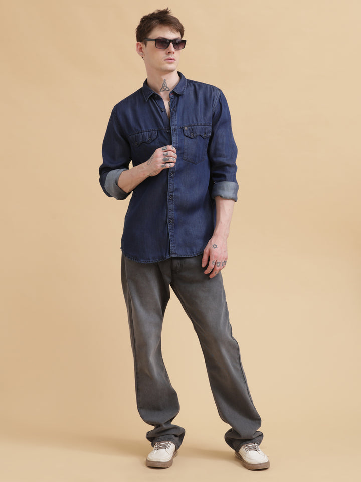 VUDUDark Indigo Denim ShirtRegular Fit