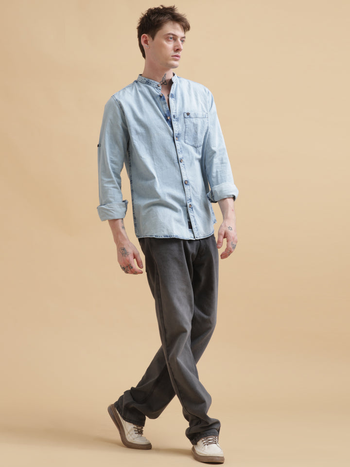 VUDUDenim Mandarin Collar ShirtRegular Fit