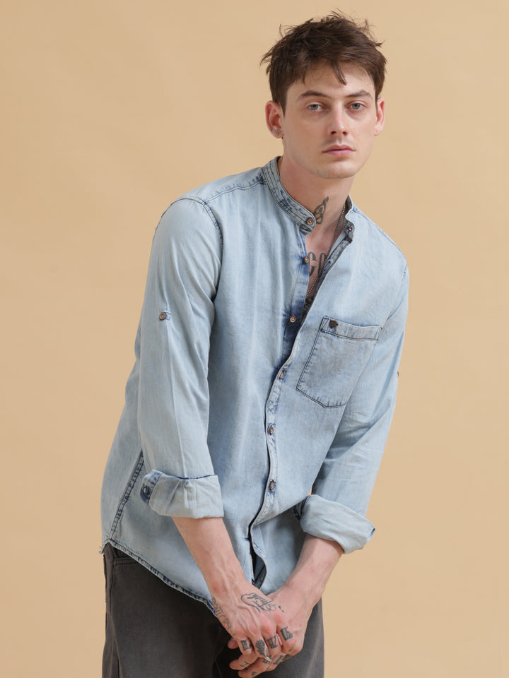 VUDUDenim Mandarin Collar ShirtRegular Fit