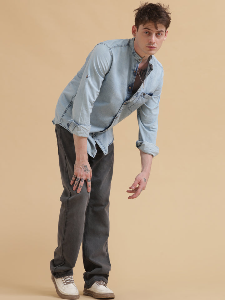 VUDUDenim Mandarin Collar ShirtRegular Fit