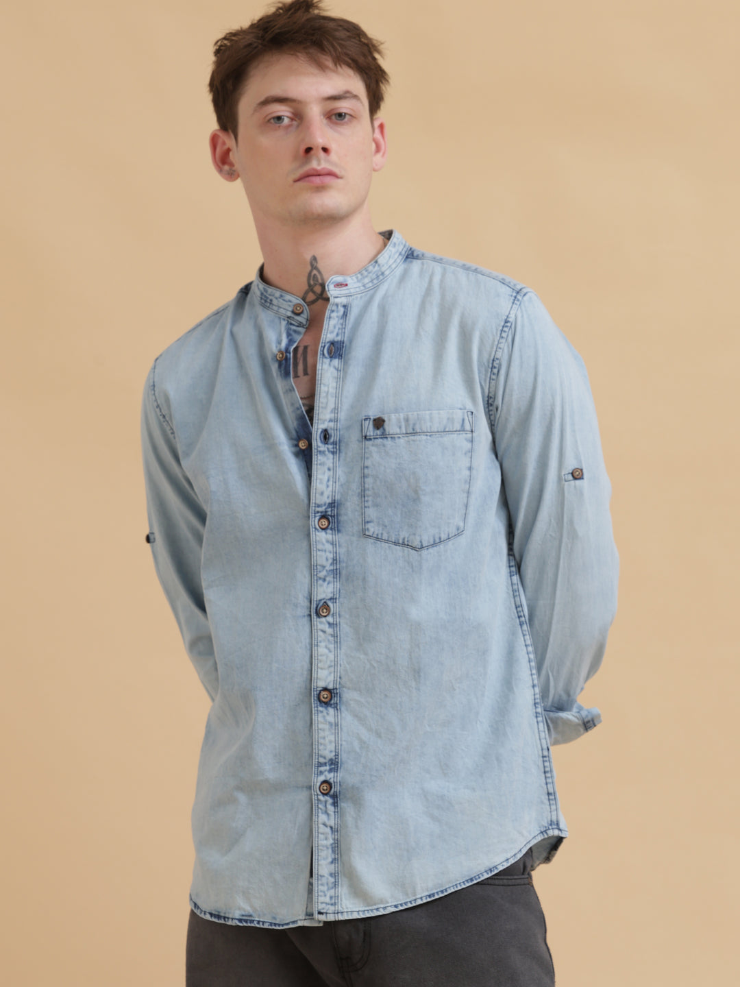 Denim Mandarin Collar Shirt for Men VUDU Fashion