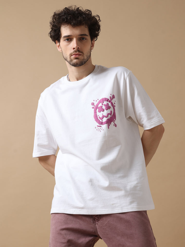 WHITE GRAFFITI SMILEY OVERSIZED T-SHIRT