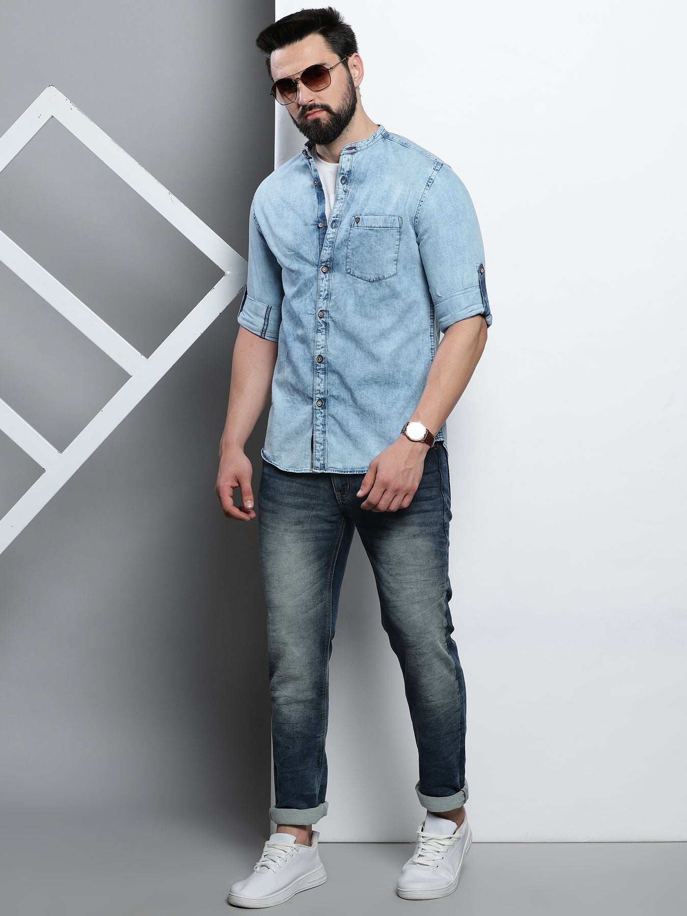 Shop Stylish Denim Mens Mandarin Collar Shirt Online VUDU