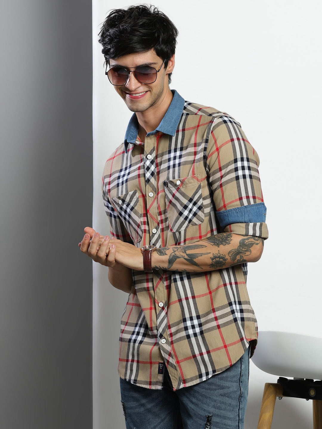 Beige Checked Shirt with Red Accents