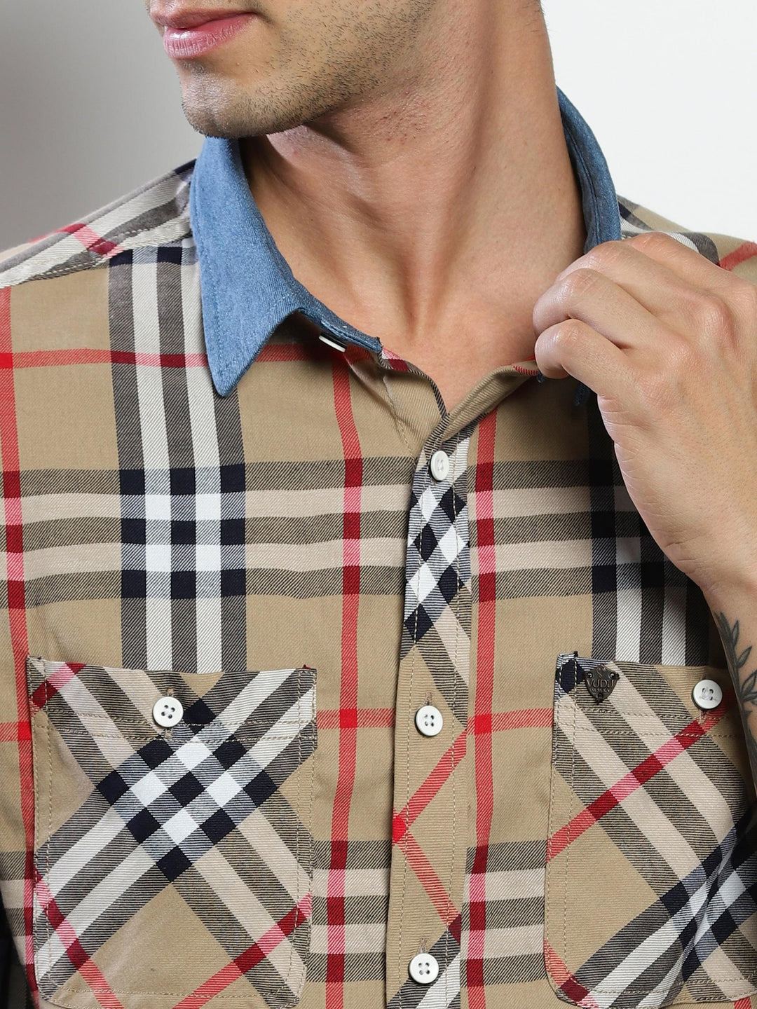 Beige Checked Shirt with Red Accents