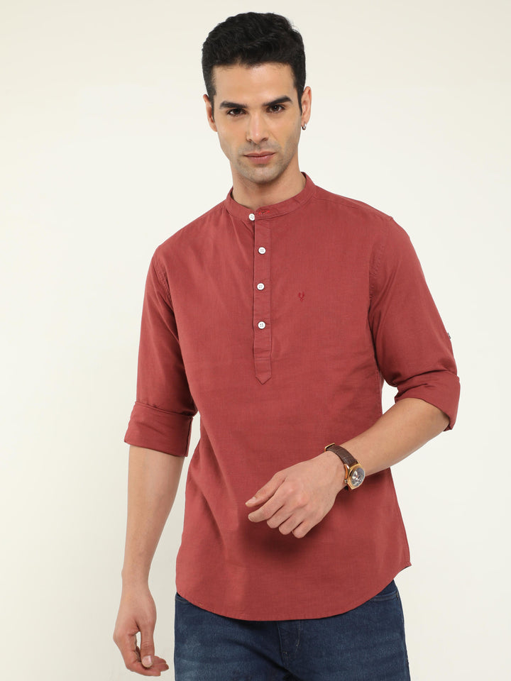 Maroon Mandarin Collar Shirt