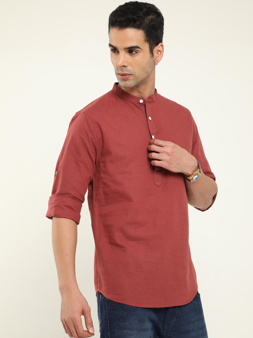 Maroon Mandarin Collar Shirt