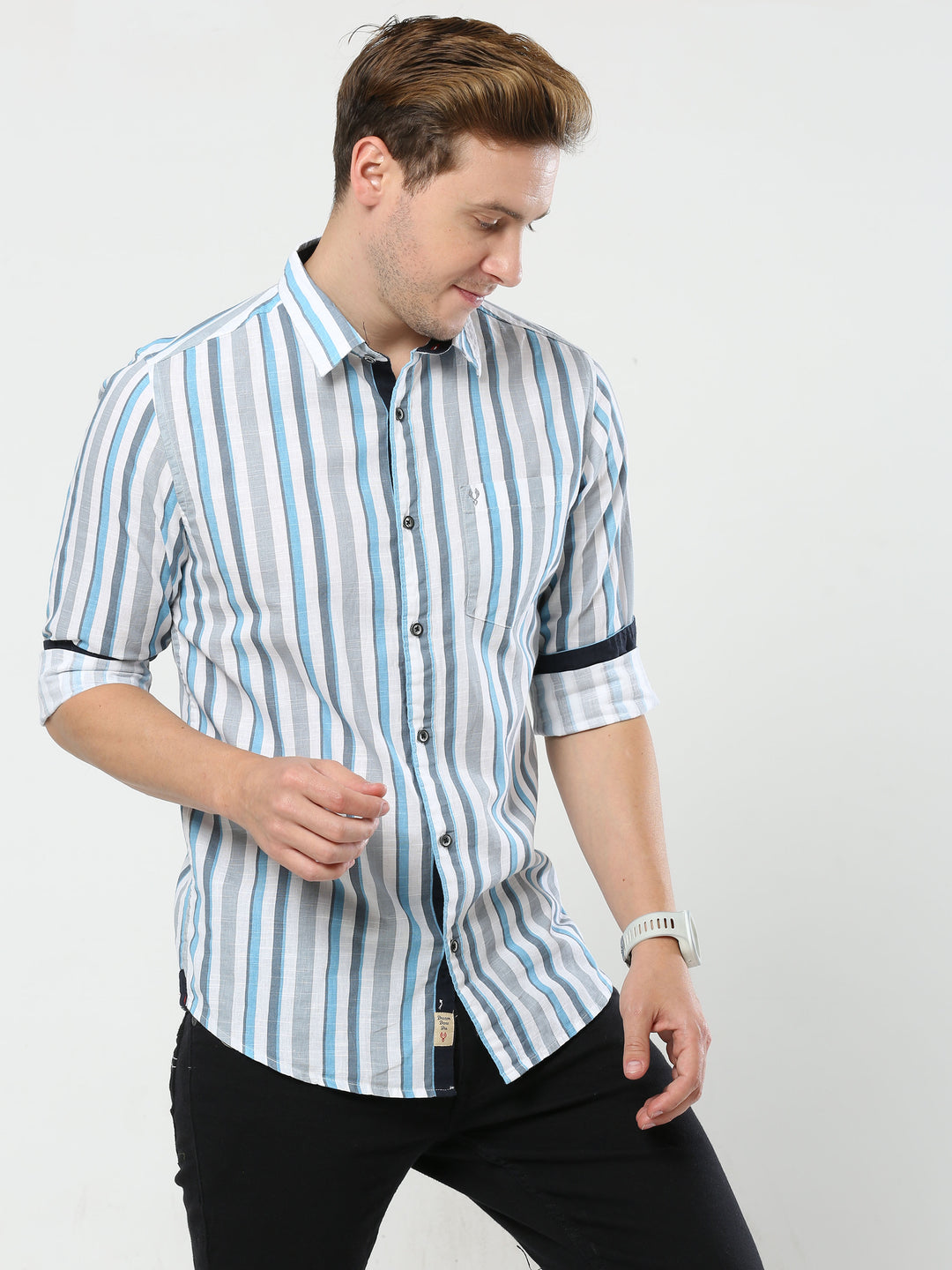 Linen Blue & Grey Striped Shirt