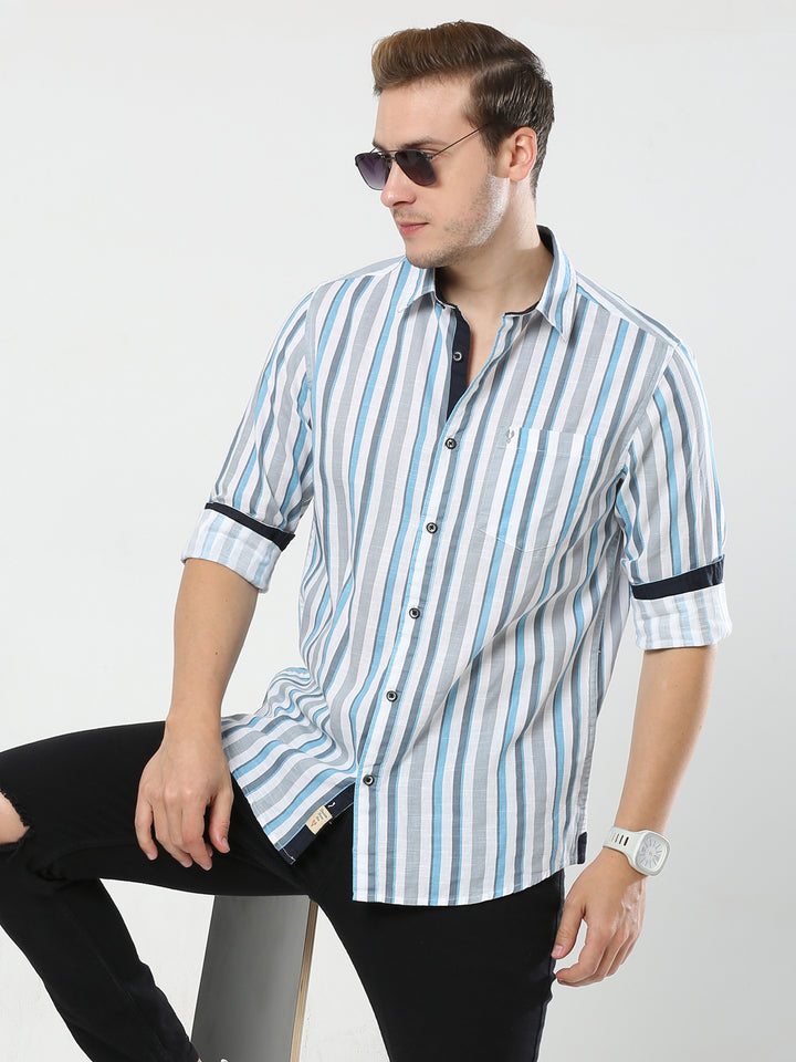 Linen Blue & Grey Striped Shirt
